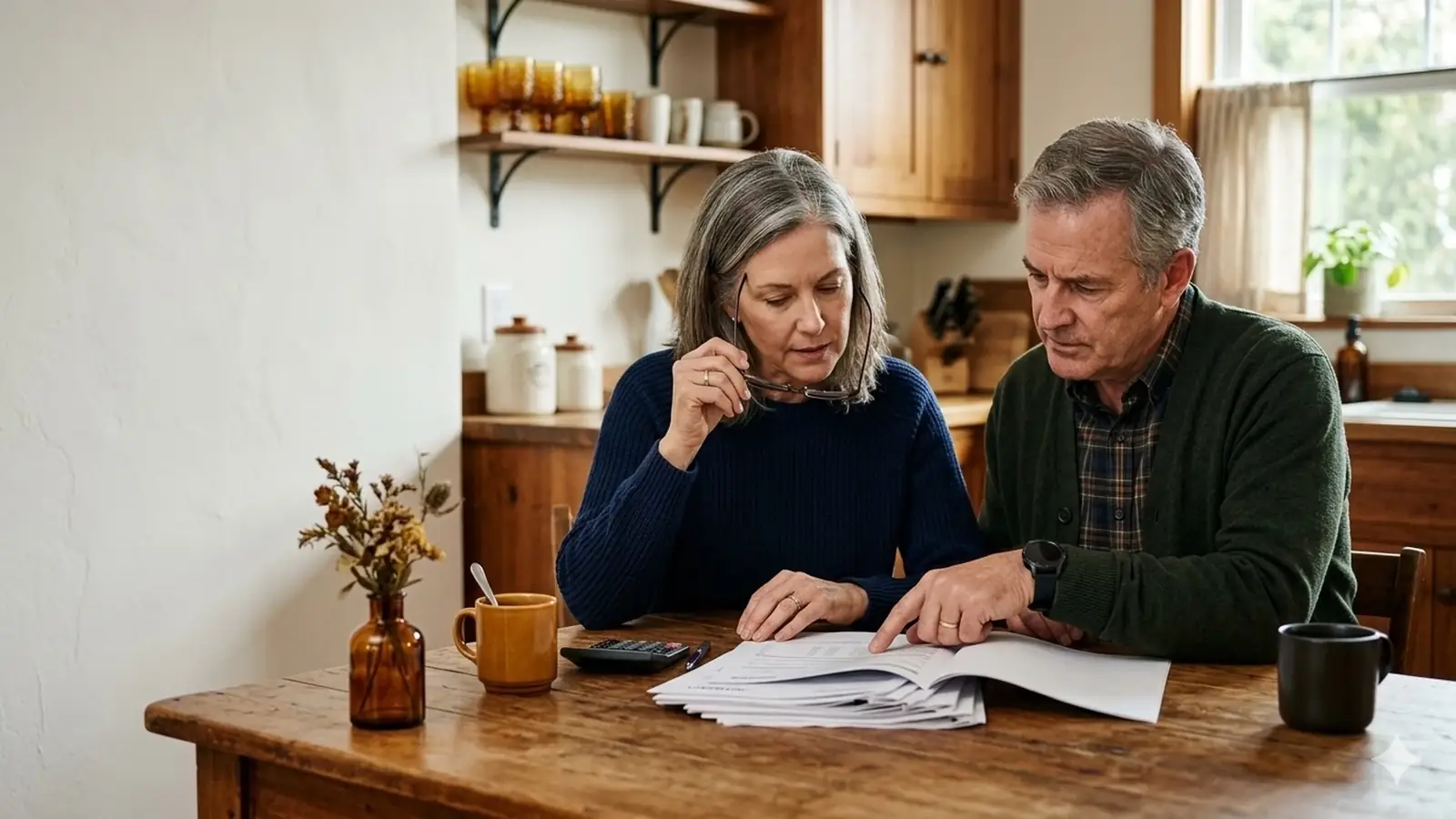 Married couple in their 60s reviewing timeshare contracts together at their kitchen table