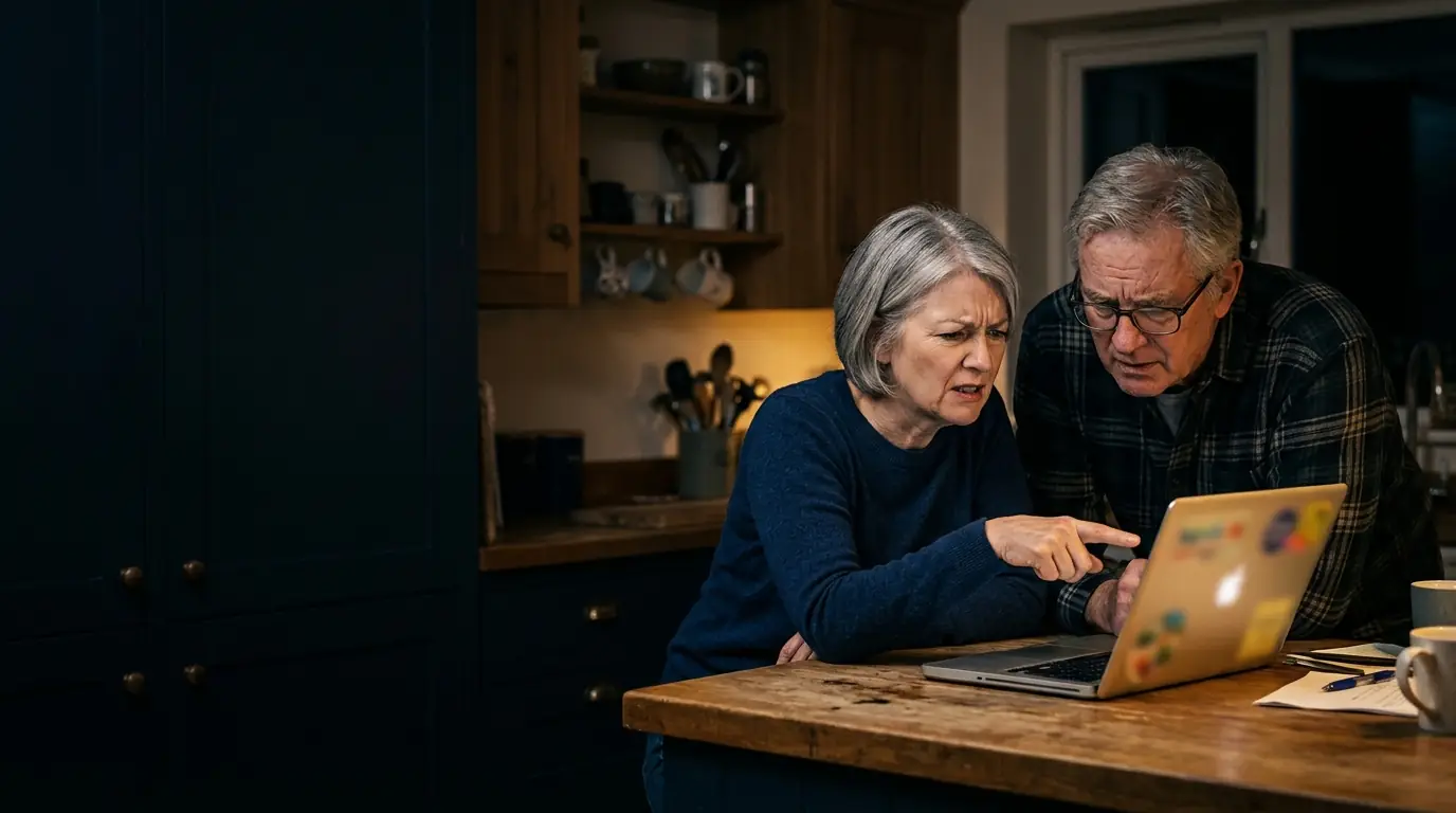 Couple at their kitchen laptop late at night, frustrated after failing to book their timeshare week